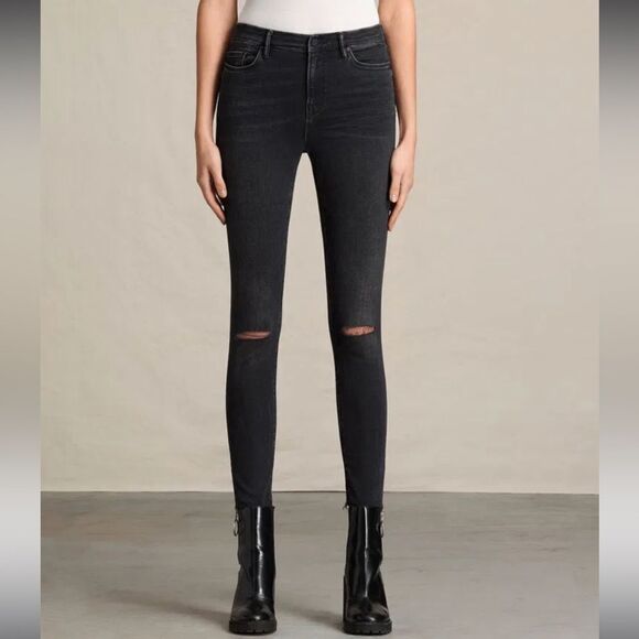 All Saints Grace Slashed Off Black Distressed‎ Mid-Rise Skinny Jeans Size 27 - Picture 1 of 14